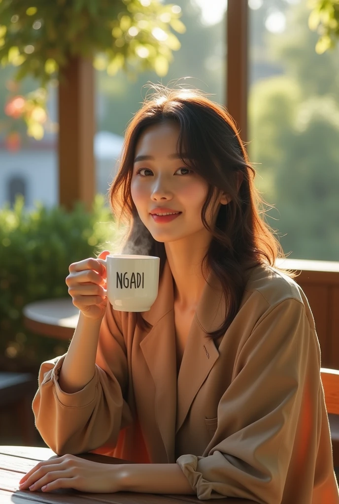 An exquisite photograph of a Korean woman, dressed casually in a stylish outfit, sitting in a cozy outdoor coffee shop surrounded by nature. She's holding a steaming cup of coffee labeled with the "NGADI", taking a break from her busy life to enjoy the chill vibes. The warm ambiance is accentuated by the soft sunlight filtering through the trees, casting a warm glow on the scene. The vivid colors, sharp focus, and attention to detail in the photo create an inviting and serene atmosphere. Rule of third, volumetric, 50mm lens