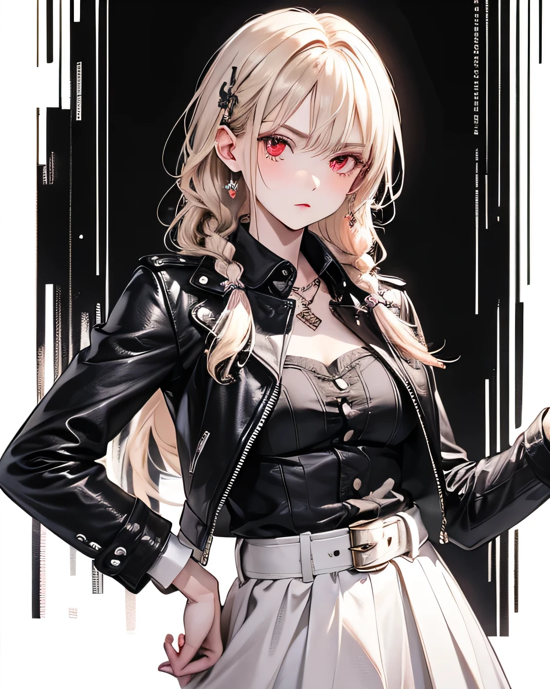 (masterpiece, Highest quality: 1.2), night, Highly detailed face, The real picture, Realistic Skin, Realistic body, Intricate details), Red eyes, (Intimidating look), A slight blush, Black leather jacket, Half-open button-up shirt (white), whiteいブラジャー, skirt, 黒 belt with buckle, Beautiful long hair (Stick to braids), Mid-chest, Slender beauty,