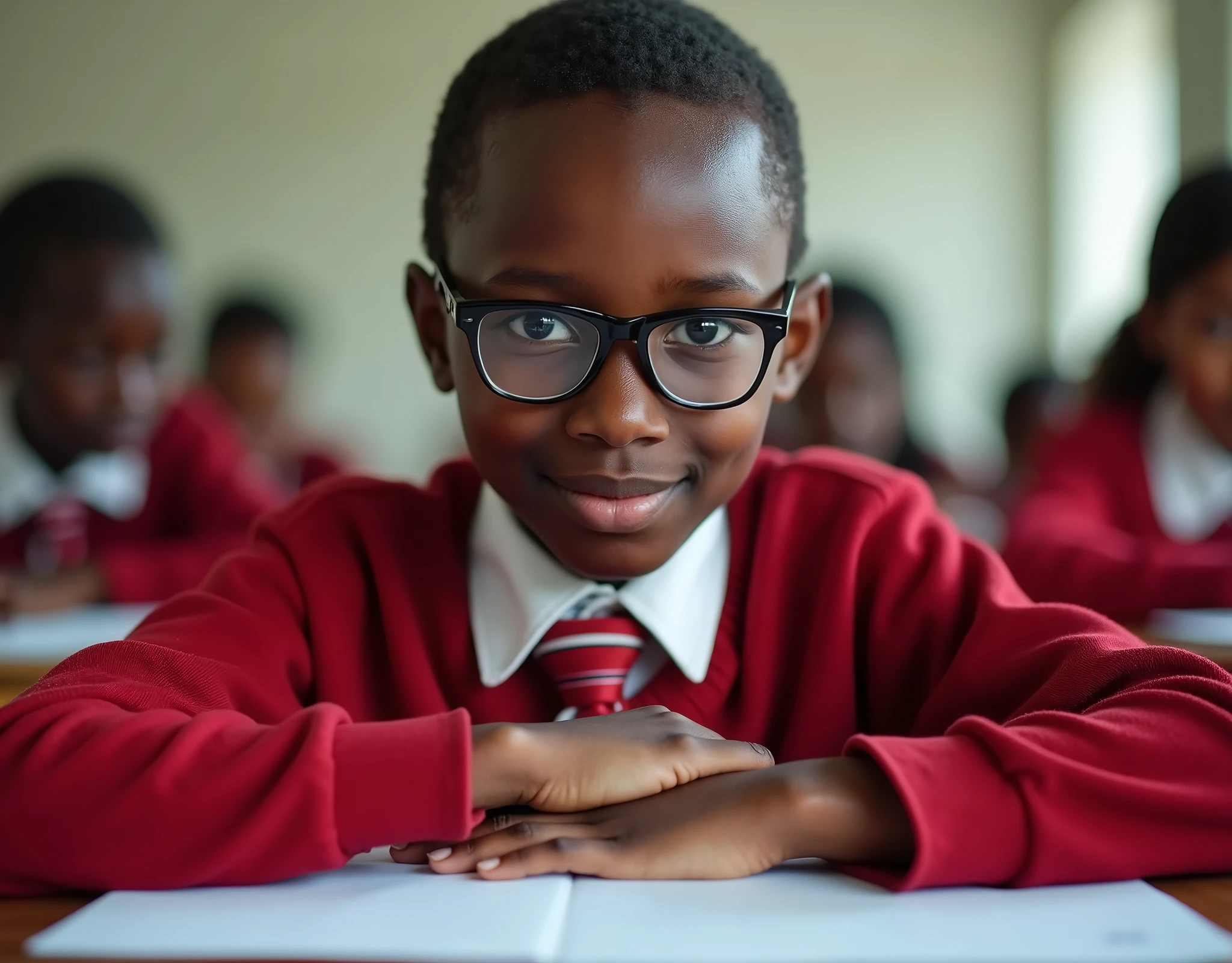 Developing cultural and intellectual skills, education according to the curricula prescribed for students , receiving information in the classroom, a close-up picture of a african student with glases wearing a red  uniform sitting on a school desk, performing school assignments
