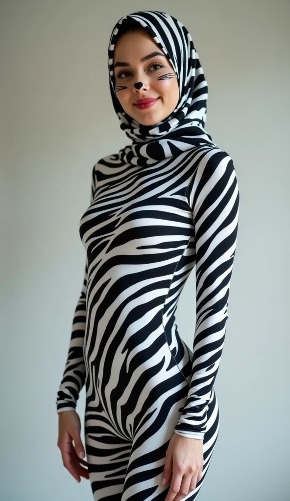 The beautiful and slender thin asian muslimah adult girl with beautiful cheeks wears plains zebra print lycra turtleneck unitard catsuit covered with stripes and plains zebra print lycra elastane stretchy dancewear 100% stretchy hijab covered with stripes.She is happy.She always put strong black marker pen a pair of long cat whiskers and nose makeup!