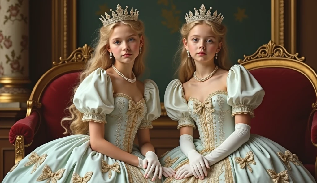 The Art of John Tenniel, Official and official coronation ceremony photos, Portrait of Reese Witherspoon 2 Beautiful Blonde Girls as Queen in Cinderella&#39;s Extravagant and Elaborate Court Dress (((Puffy arms))), Hourglass waist, And k (((Large pleated skirt))) Decorated with bows, embroidery, and gems, White long gloves, Pearl necklace and earrings
