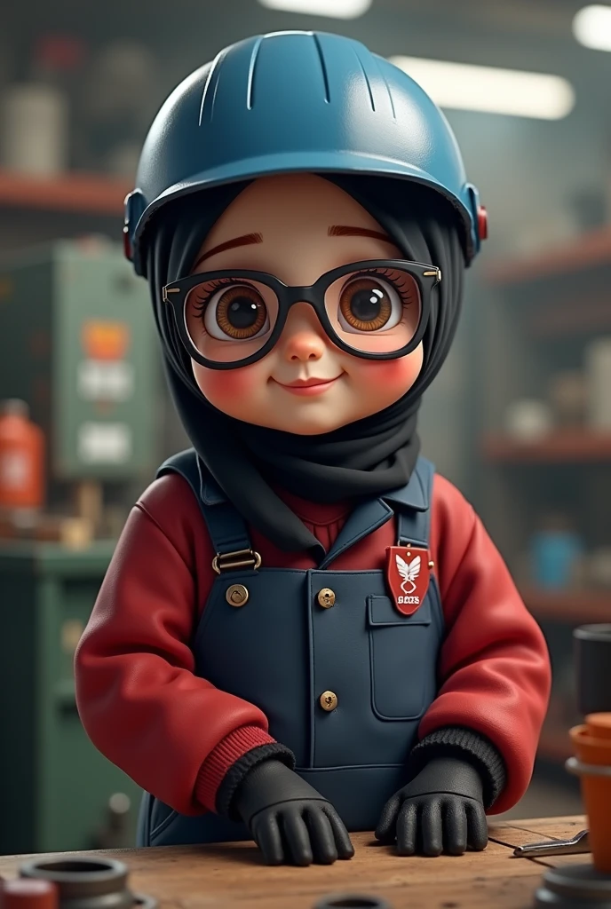 Chubby cute girl with black hijab, spectacle. wearing duo tone dark red and dark blue working coverall. Blue
helmet and small D.E.S logo in red

