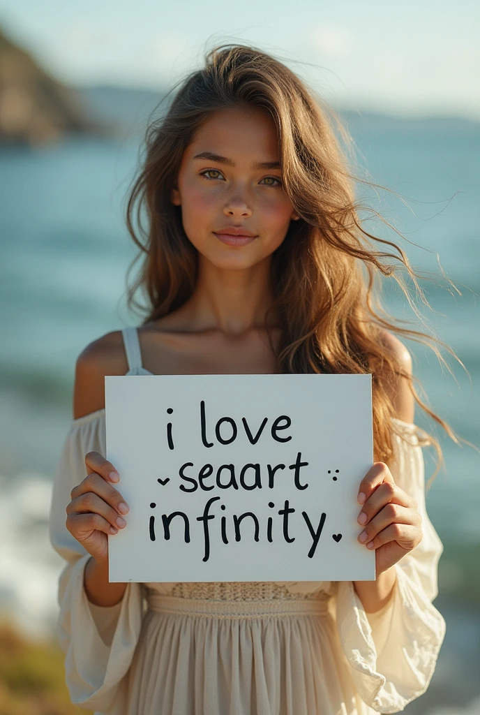 Beautiful girl with wavy long hair, bohemian dress, holding a white board with text "I Love Seaart Infinity" and showing it to the viewer