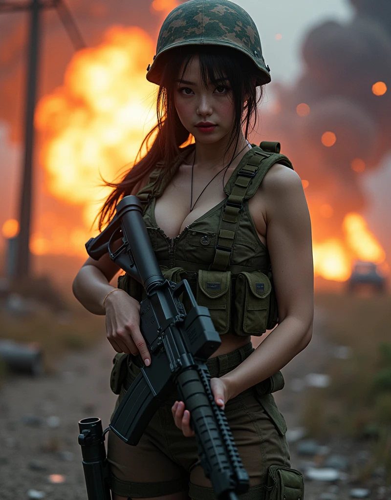Photo-realistic, ultra-realistic, very beautiful Japanese, famous Japanese idol, cool Japanese face, (Fully equipped for battle), holding m4a1 large assault rifle, (amazing view of massive explosion:1), (afraid:1), (wearing a soldier's outfits with military helmet:1), (at a battle field of Abandoned Building at night), very large breasts, tactical vest, military harness, (military long boots:1),