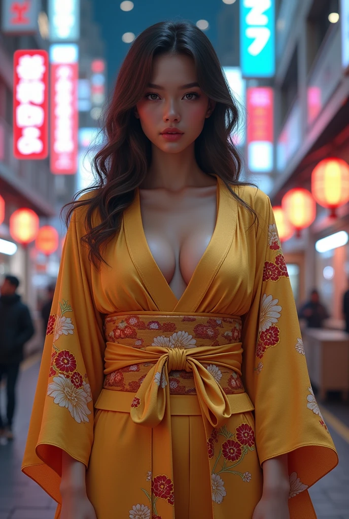 (Masterpiece. Uhd. Photorealistic) an ultra hot gorgeous Swedish woman. Age 23. Voluptuous hourglass body. Gorgeous face. Epic cleavage (100 Dd size)) Wearing a golden Yakata. In cyber neo Tokyo.