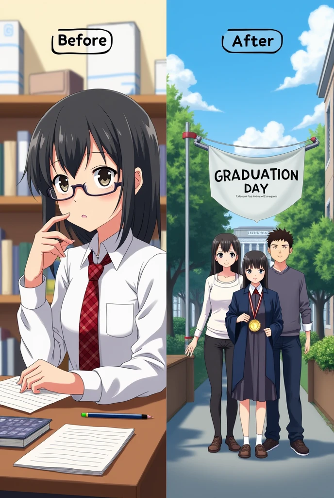 anime studious girl student, in a classroom, with books, pens, and with a callout saying “I can do this”, symbolizing she has faith in Him. Make her uniform white longsleeves, with a red checkered necktie. Make this as the “before” her. And an anime girl at the half below part, graduated anime girl with a medal as the “After” her. And as her background, use the outside of an university buidlding with a big banner hanging “Graduation day” as the background and both beside her is her mother and father
