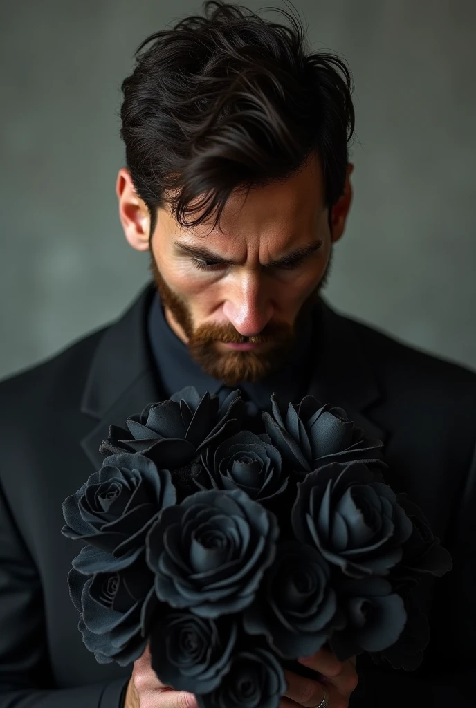 Messi with some black flowers in his hand.