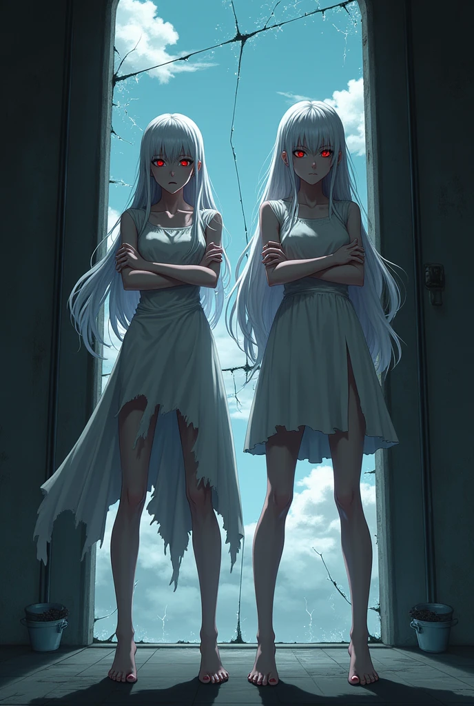 The image is anime style with shadows and dim lights, anime style although somewhat adult and dark, It shows a 2 albino adult woman with red eyes., She is standing with her arms crossed. His feet are bare, She has very beautiful feet and strong legs.. She is shown to be tenacious and angry.  Her hair is white and very long and she wears a short dress that reaches her knees., but broken and cracked in many places, product of a fight. Behind her, There is a shattered glass wall and behind it you can see the sky. 