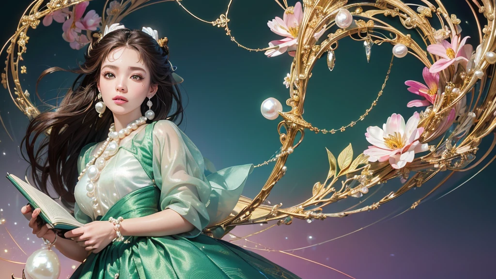32K, 最高quality, 最高masterpiece, (ultra-Detailed Background, Detailed Background), High resolution, Super detailed, Very detailedな, 1 personの, (bouquet:1.3), (Tangled:1.2), (Geometric:1.2),(colorful),(masterpiece, quality, best quality, Official Art, Beautiful and beautiful:1.2), (1 person:1.3), Very detailed,(colorful:1.1)(Flowers:1.3),Most detailed,(Tangled:1.2), whole body, (Abstract background:1.3), (Skin glows), (Many colors:1.4), ,(Earrings Pearl:1.5), Light green background, It's imaginative., Brunette Hair, Updo, Holding a book, Holding a pen, Satin shirt,