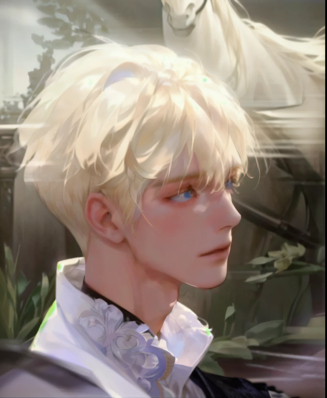 Blond boy with white hair walking in front of a white horse, Light hair, Very light blonde, VHS Screenshots, Very Very Light Blonde, Blond boy, Albino white pale skin, vhs video, Young fair angel, 黄眼睛的Blond boy, White-blond hair, His head is relatively slender., Blonde guy, Albino hair