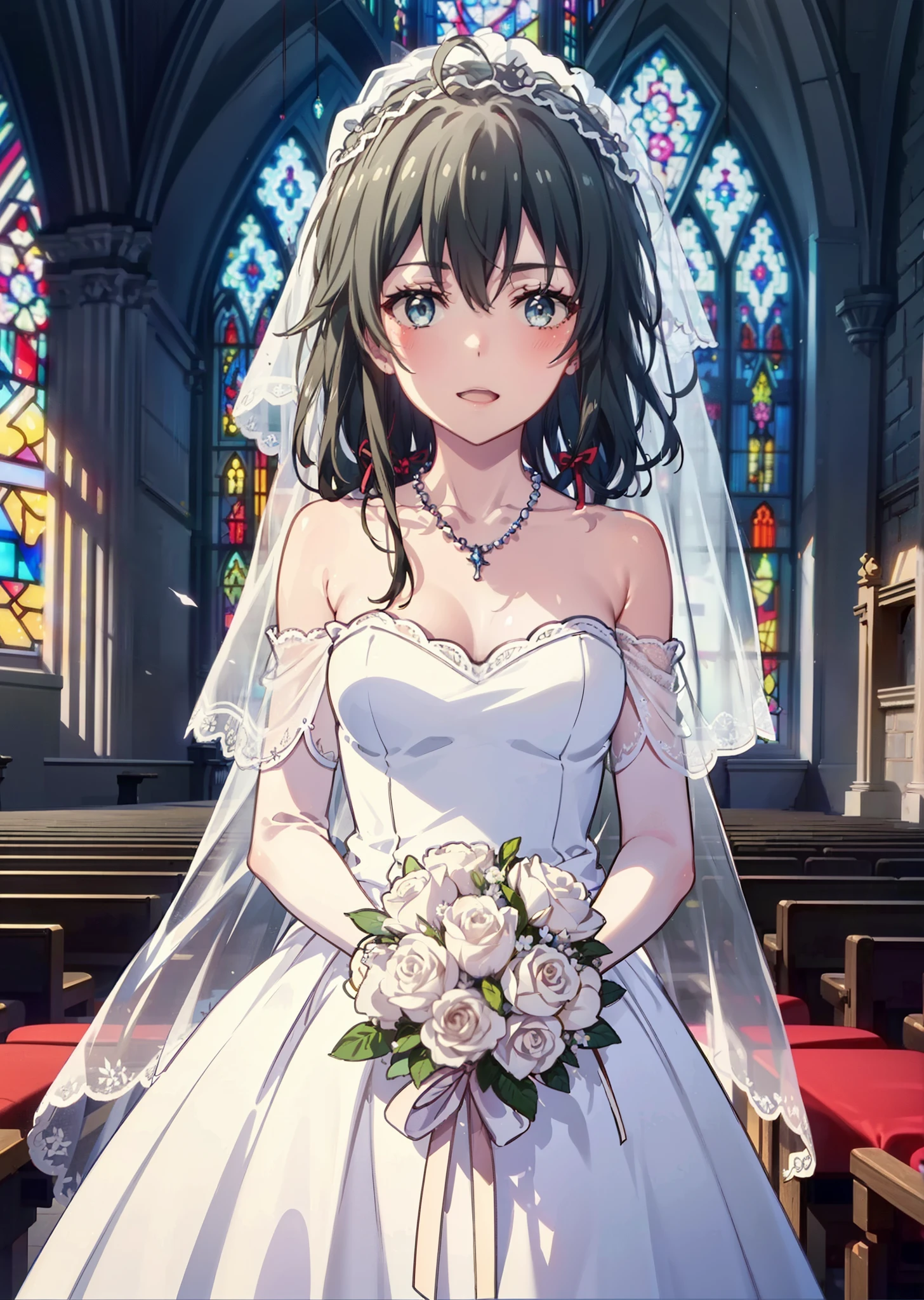 Yukino, yukino yukinoshita, Black Hair, blue eyes, semi-long,Ahoge,smile,blush,Open your mouth,Off-the-shoulder white wedding dress,necklace,Exposing shoulders,bare clavicle,Bare neck,wedding long skirt,Veil,bouquet,Holding a bouquet in both hands,Stained glass,whole bodyがイラストに入る,　　　　　　　　　　　break indoors, Chapel,Association,
break looking at viewer, whole body,(Cowboy Shot:1.5),
break (masterpiece:1.2), Highest quality, High resolution, unity 8k wallpaper, (shape:0.8), (Beautiful attention to detail:1.6), Highly detailed face, Perfect lighting, Extremely detailed CG, (Perfect hands, Perfect Anatomy),