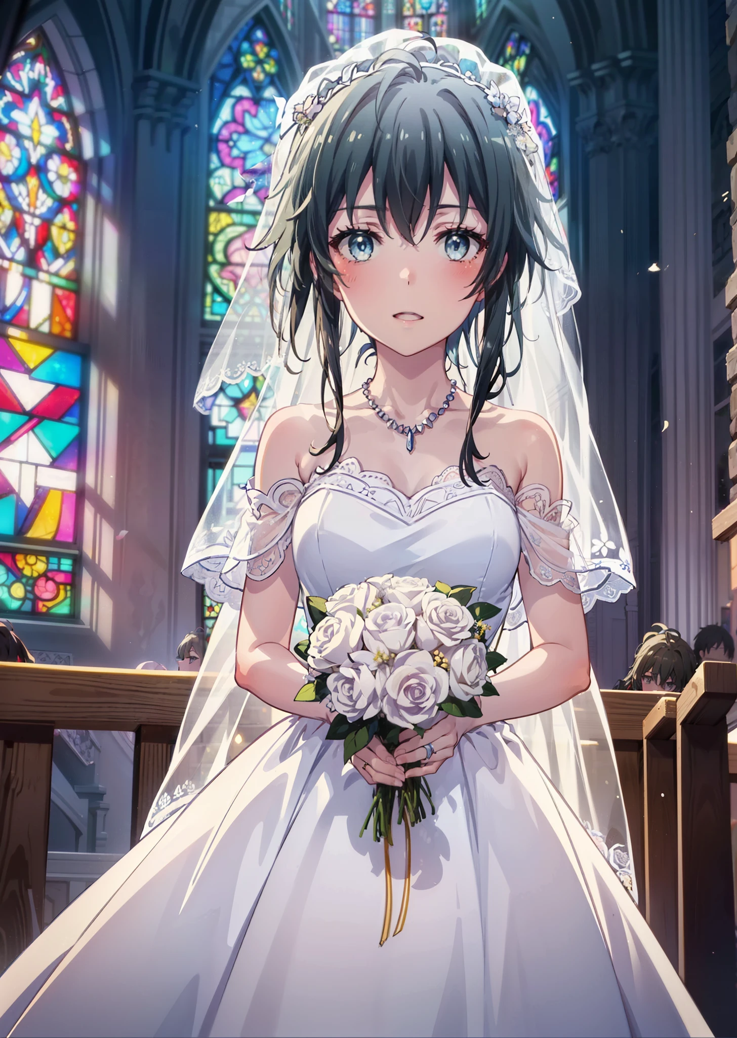 Yukino, yukino yukinoshita, Black Hair, blue eyes, semi-long,Ahoge,smile,blush,Open your mouth,Off-the-shoulder white wedding dress,necklace,Exposing shoulders,bare clavicle,Bare neck,wedding long skirt,Veil,bouquet,Holding a bouquet in both hands,Stained glass,whole bodyがイラストに入る,　　　　　　　　　　　break indoors, Chapel,Association,
break looking at viewer, whole body,(Cowboy Shot:1.5),
break (masterpiece:1.2), Highest quality, High resolution, unity 8k wallpaper, (shape:0.8), (Beautiful attention to detail:1.6), Highly detailed face, Perfect lighting, Extremely detailed CG, (Perfect hands, Perfect Anatomy),