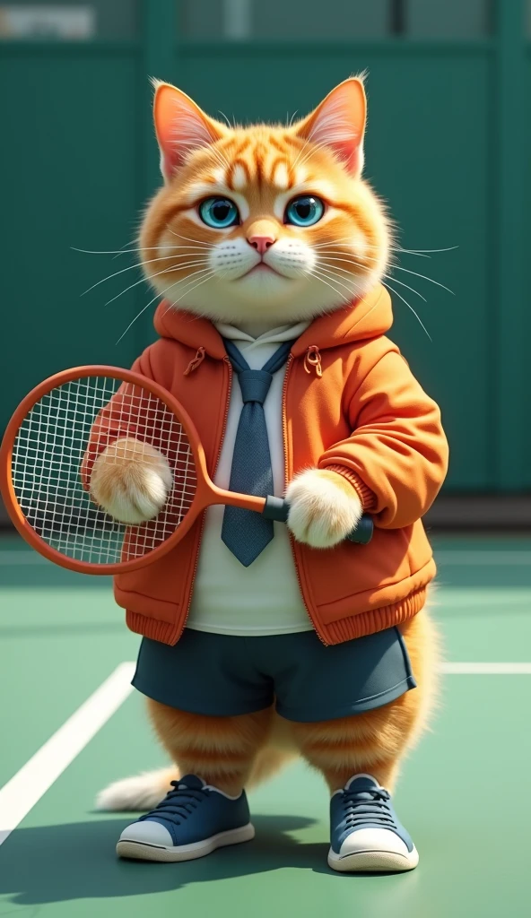 Make a picture of a fat orange cat with blue eyes, flat nose, facing the camera, wear badminton clothes and tie, sport shoes, holding a badminton racket, badminton court background, wide, full body, 8k super realistic