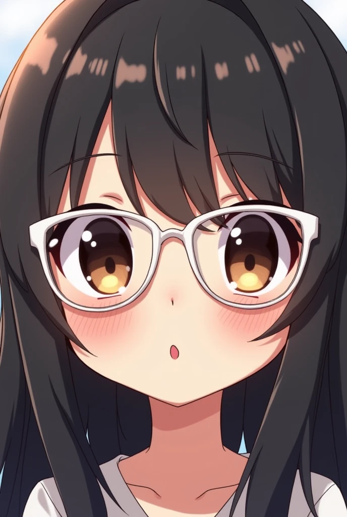 Look, I would like you to do it, a chibi-style FEMALE character with dark brown eyes, and long black hair with glasses and white bangs, just the character's face