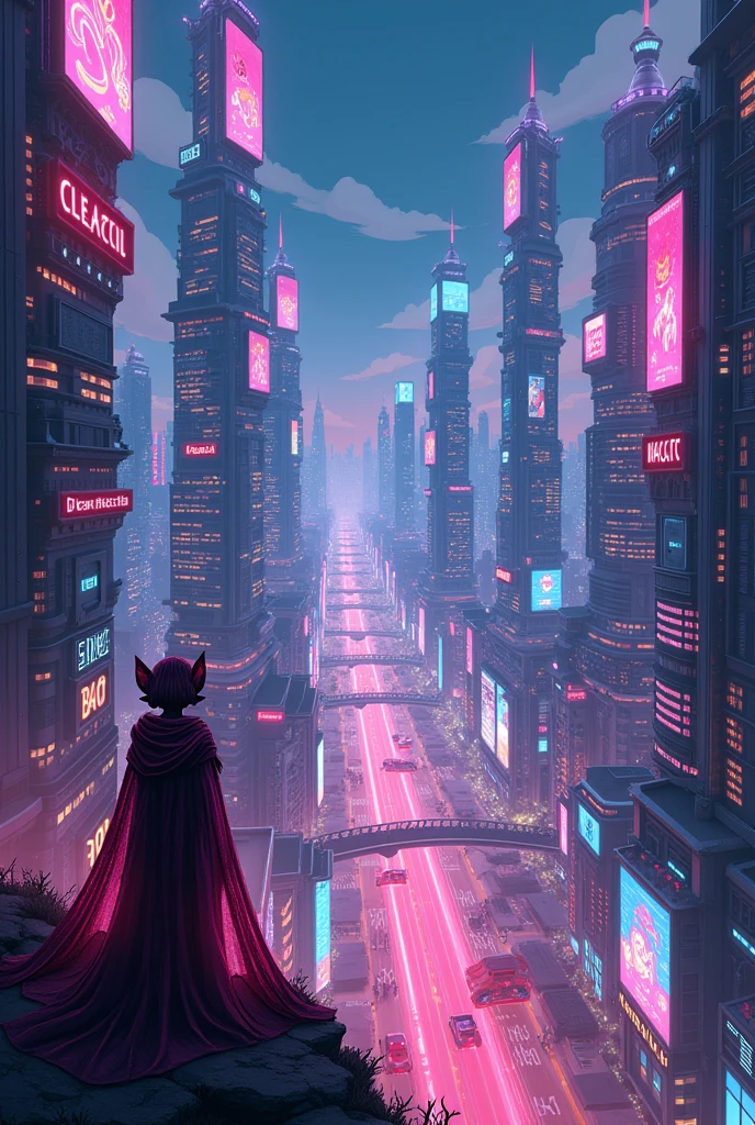 Panoramic view of Electropolis. A mysterious character, ElectroMal, lurks in the shadows, smiling mischievously while watching the city cartoon and to draw 