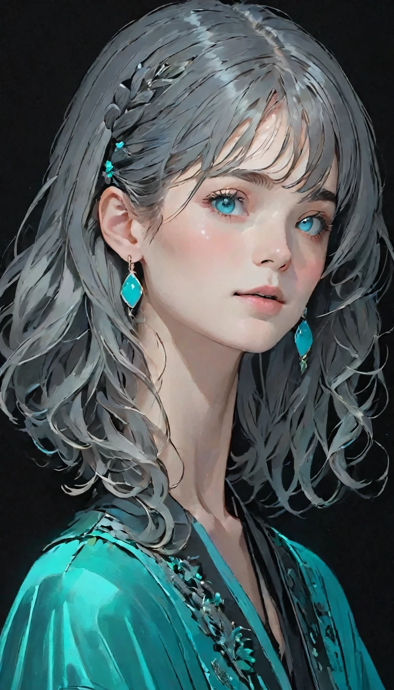 Multicolor, 1 person, night, dark, Grey Hair,(Detailed gray eyes), Looking at the audience, Upper Body, Face-to-face audience, Limited edition palette, Black background,Shining Turquoise