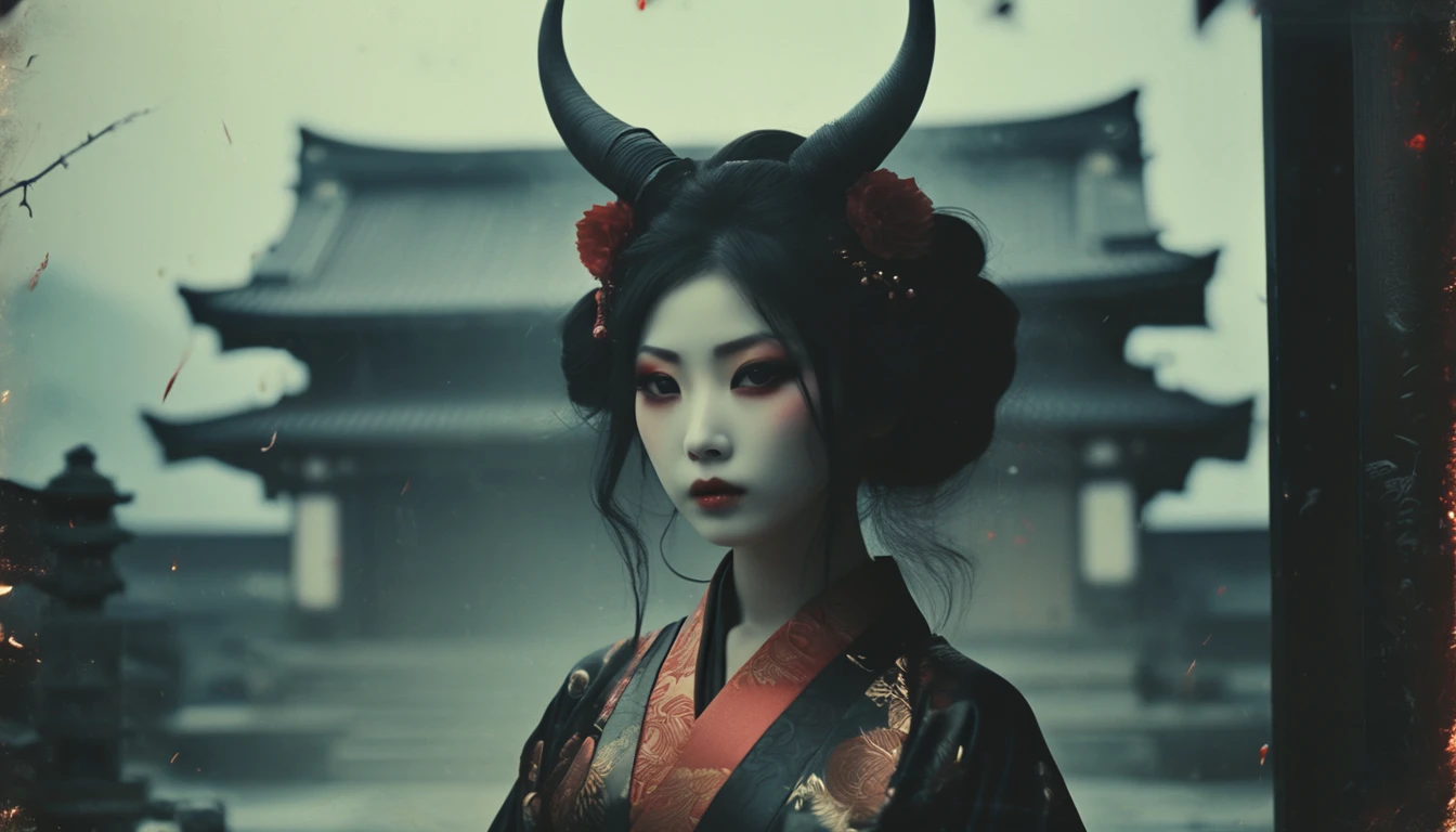 Beautiful monster girl, solo, oni girl, oni, horns, kimono, japanese temple, spirits, yokai, vampire teeth, japanese witchery, dark haze atmosphere --ar 4:5 --s 250