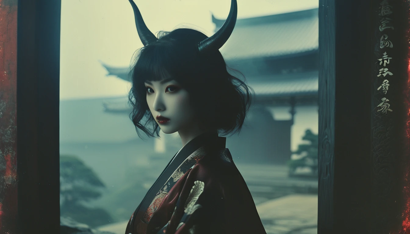 Beautiful monster girl, solo, oni girl, oni, horns, kimono, japanese temple, spirits, yokai, vampire teeth, japanese witchery, dark haze atmosphere --ar 4:5 --s 250