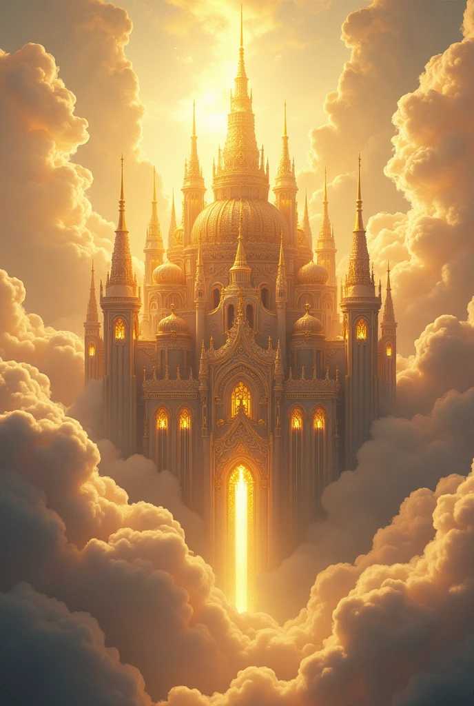 Grand view of Heavenly Palace, majestic architecture, clouds, golden splendor, divine