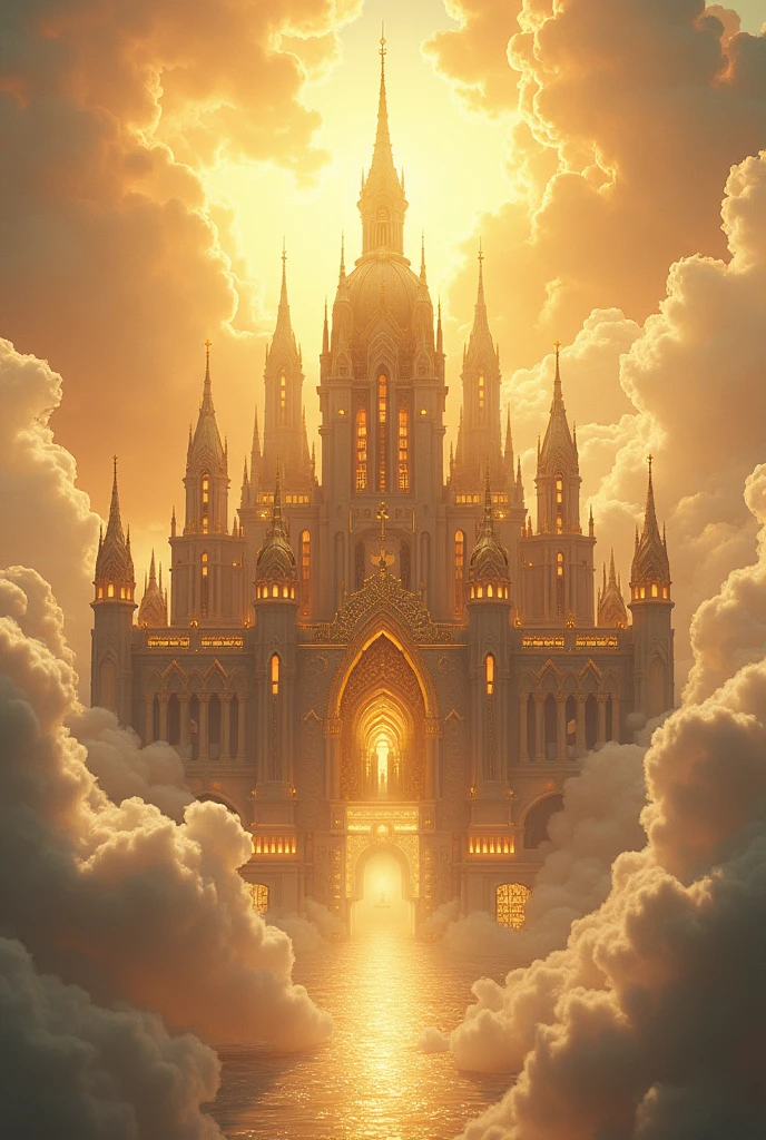 Grand view of Heavenly Palace, majestic architecture, clouds, golden splendor, divine