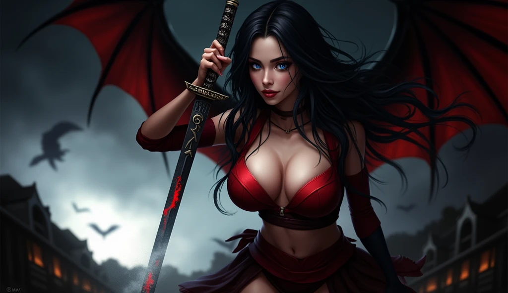 a very shy magical beautiful girl with long dark black hair, piercing blue eyes. Dressed as an ninja in miniskirt, wielding a magic sword, scary diabolical world, (EXTREMELY HUGE BREASTe neckline, image of a full-body woman..Description of extreme details, vivid and intense colors, vibrant colors, bright eye,image 3D,breasts 3D,((alidad)), ((obra maestra)), (detallado), ((alta resolución))