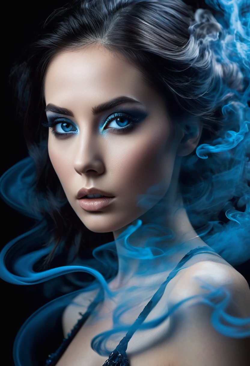 A majestic work of art, a woman, intricately detailed, with an intense, piercing gaze emanating from her singular, striking eye, set against a backdrop of ethereal, swirling blue smoke that appears to shift and undulate as if alive, illuminated by a cinematic lighting scheme that casts dramatic, high-contrast shadows and highlights, evoking a sense of mystery and the otherworldly, with each element expertly rendered in exquisite, high-definition detail, exuding a sense of artistic mastery and visual sophistication.