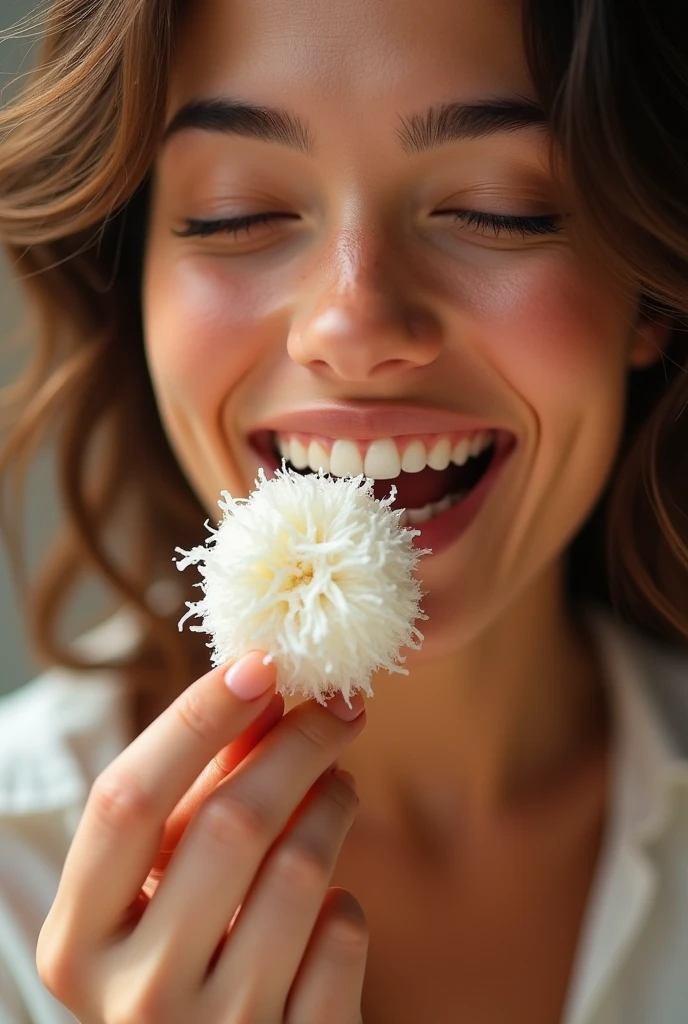 Woman with her mouth full of coconut candy