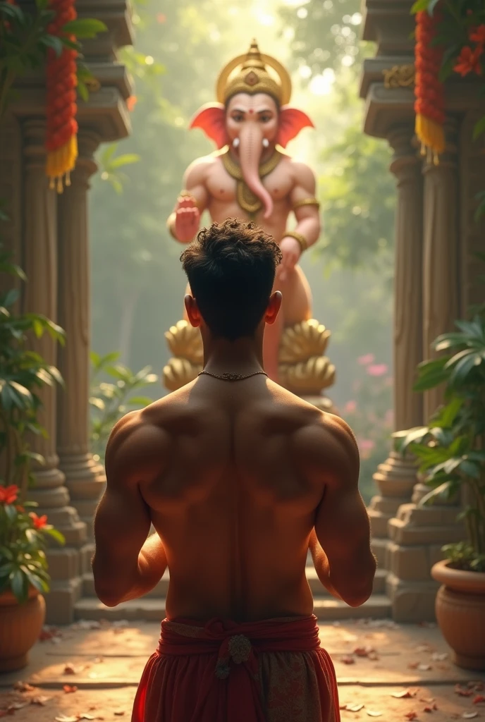 30 years Indian young man is praying to lord Vinayaka, his back side should be displayed. He's in standing position. He has light thin beard, good hair style. He don't have shirt.