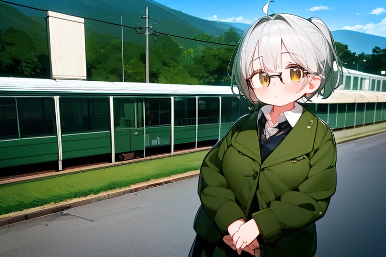 (highest quality，masterpiece:1.3)，((1 cute girl:1.2))，(:1.2),expressive 目s, Perfect Face，Brown eyes，dark green beret,White hair,long ahoge,Round Glasses Black，retro city background,Brown tie,brown skirt,Dark green jacket,Low Perspective，Wet shirt，amount, open amount