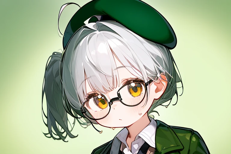(highest quality,masterpiece:1.3),((1 cute girl:1.2)),(:1.2),expressive 目s, Perfect Face,Brown eyes,dark green beret,White hair,long ahoge,Round Glasses Black,retro city background,Brown tie,brown skirt,Dark green jacket,Low Perspective,Wet shirt,amount, open amount