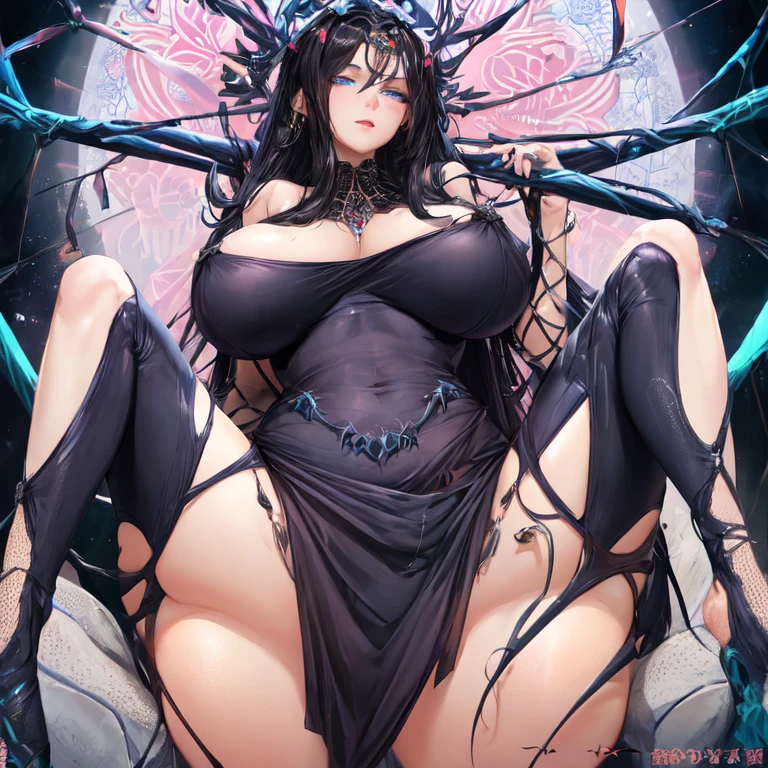 Beautiful mature milf arachne in the back with eight spider legs with black hair and blue eyes with big breasts high details UHD super detail accurate best quality