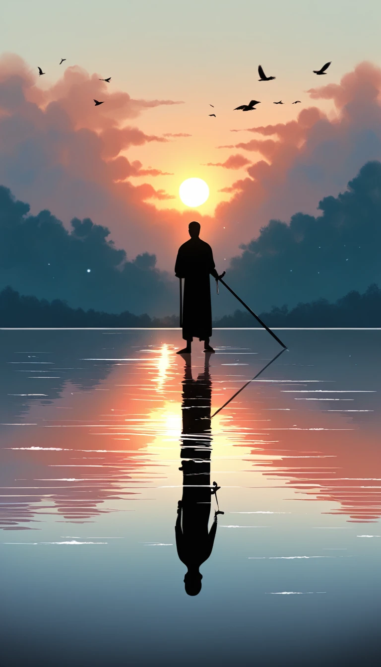 Two men in black leotards stand huddled in the smoke., Priapus, Dark Black, Dark black skin, Buzz Cut, His muscles are very developed, Very tall, short hair, Blend into the smoke, Lake, Reflection, Sunset, Sunset, Bird, plum bossom, Man silhouette, Chinese, black and white, Simple style