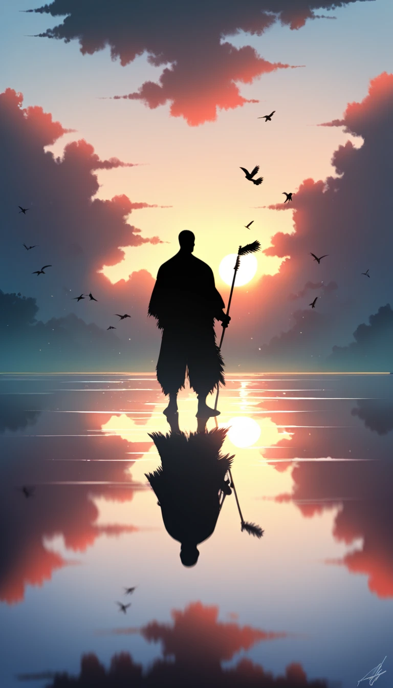 Two men in black leotards stand huddled in the smoke., Priapus, Dark Black, Dark black skin, Buzz Cut, His muscles are very developed, Very tall, short hair, Blend into the smoke, Lake, Reflection, Sunset, Sunset, Bird, plum bossom, Man silhouette, Chinese, black and white, Simple style