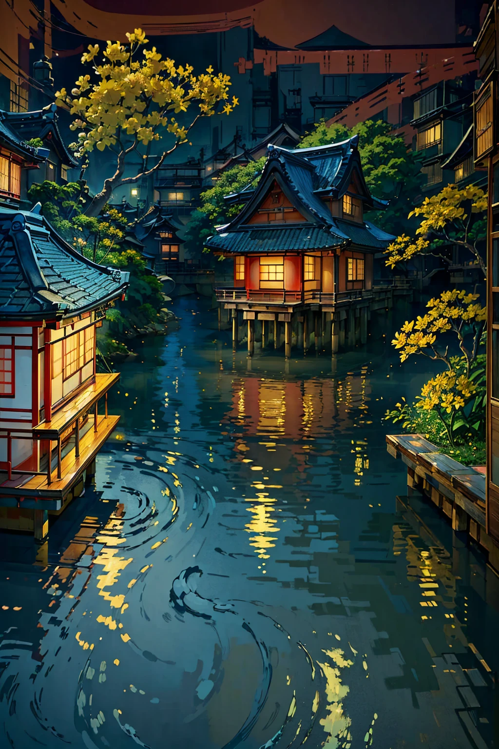 ((traditional japan houses near river with a big yellow flower tree: 1.3)) , ((camera facing the front of the houses:1.2)), ((next to a river: 1.2)), detailed anime artwork, urban, japan anime scene, ((bright blue sky: 1.0)), extra detailed, very detailed, japanese village , plants, birds, anime style, anime, lofi, lofi vibe, ((best quality:1.5)), ((masterpiece:1.5)), ((highly detailed:1.3)), ((anime aesthetic:1.2)), ((no one: 1.2)), ((no people: 1.2))