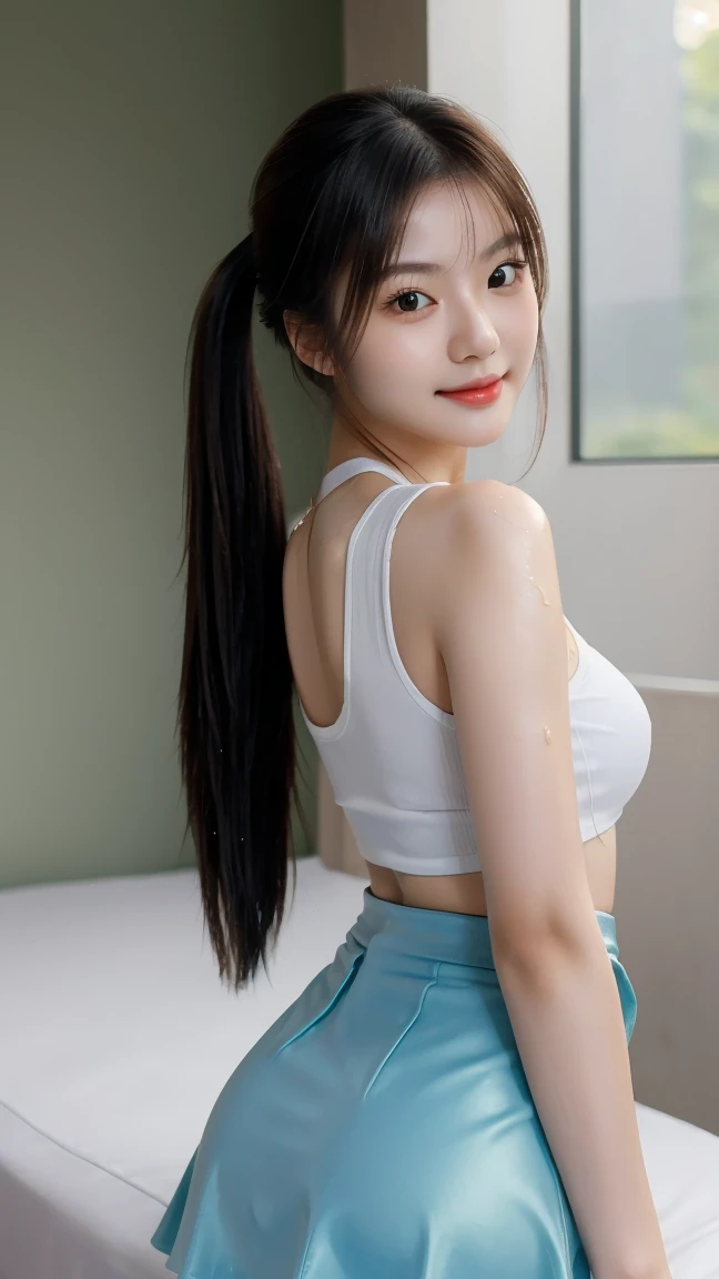 (masterpiece,highest quality,超A high resolution),japanese woman, (((Very beautiful 2 girl))), pretty girl、look at the photographer､  ((beautiful low ponytail)), super cute face, glossy lips, double eyelids in both eyes,natural smile、 natural makeup, long eyelashes, Shiny and smooth hair､center image,  perfect limbs, perfect anatomy,(((Tight Skirt)))、(((turn around and look back)),wet with sweat,