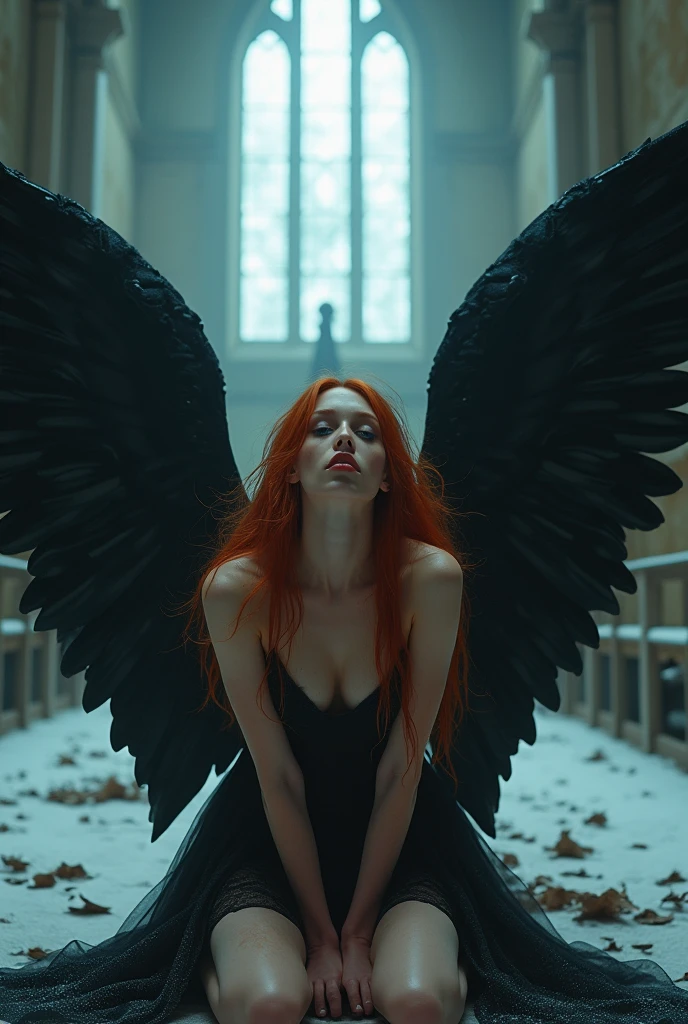 ( ginger hair woman,2 with stunning gothic black archangel wings in fire:1.6), (naked, nude:1.8), (Without clothes:1.8),(long, messy hair, hair floating in the wind:1.6), blue eyes, detailed eyes, detailed lips, (lies nude, sensual, full body:1.5), (photo from low angles:1.5), (creepy and scary gothic church, abandoned with fog and fog, snow:1.3), low neck, ray tracing, (best quality, 4k, 8k, high resolution, masterpiece:1.2), very detailed, (realistic , photorealistic, photorealistic :1.37), HDR, UHD, masterpiece, professional, vivid colors, bokeh, studio lighting, cleavage, thigh, short skirt, sexy