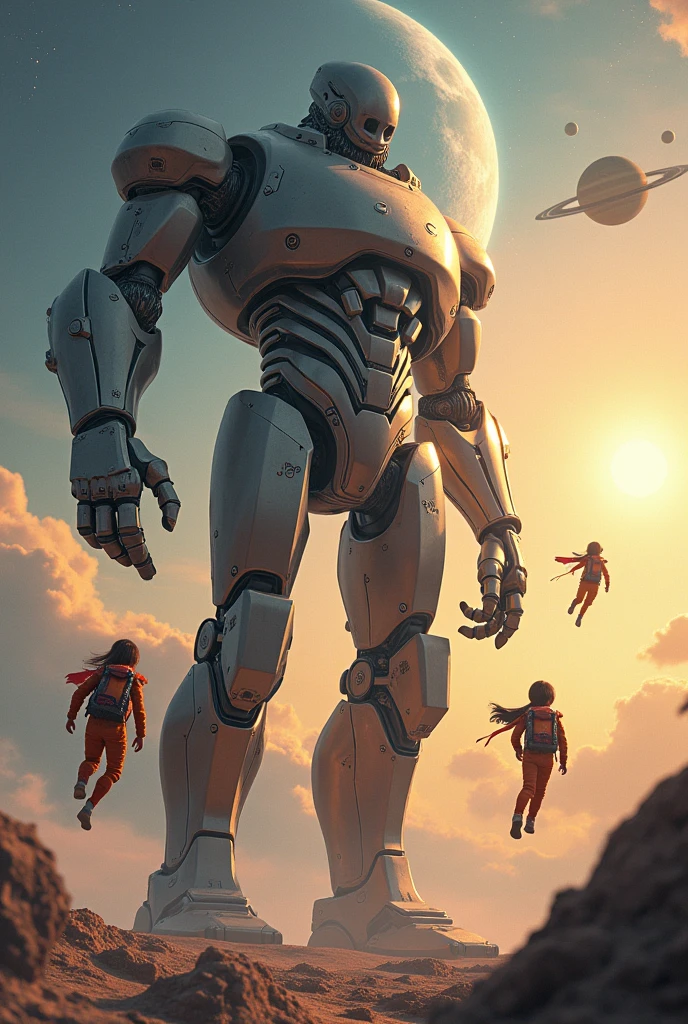 A big Robot with kids flying in space. Show sun, earth, mars, saturn, Jupiter in background.