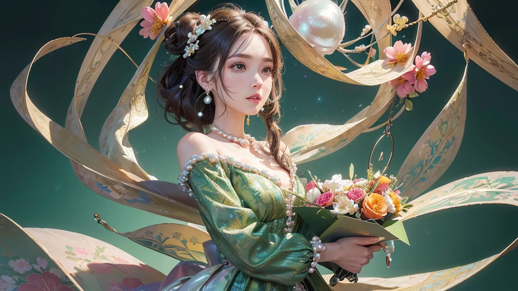 32K, 最高quality, 最高masterpiece, (ultra-Detailed Background, Detailed Background), High resolution, Super detailed, Very detailedな, 1 personの, (bouquet:1.3), (Tangled:1.2), (Geometric:1.2),(colorful),(masterpiece, quality, best quality, Official Art, Beautiful and beautiful:1.2), (1 person:1.3), Very detailed,(colorful:1.1)(Flowers:1.3),Most detailed,(Tangled:1.2), whole body, (Abstract background:1.3), (Skin glows), (Many colors:1.4), ,(Earrings Pearl:1.5), Light green background, It's imaginative., Brunette Hair, Updo, Holding a book, Holding a pen, Satin shirt,