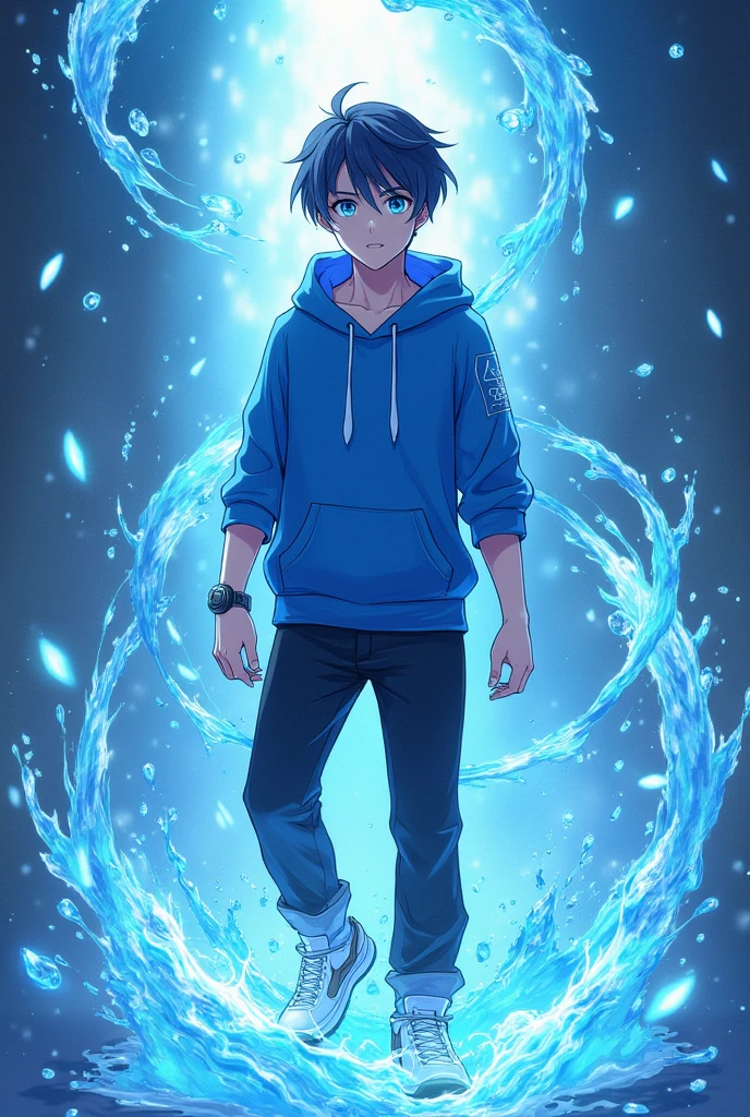 Anime handsome boy blue  hoodie black pant white sneakers blue eyes sorcerer of  water