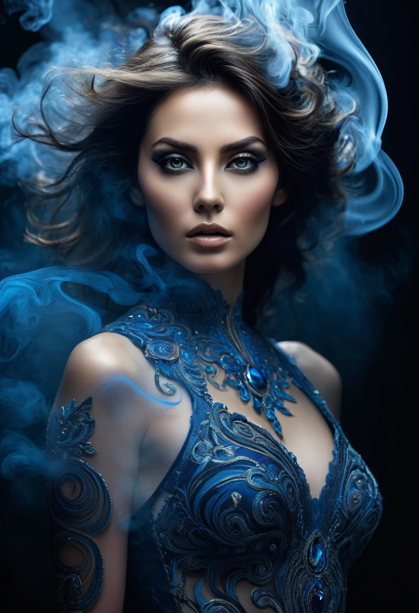 A majestic work of art, a woman, intricately detailed, with an intense, piercing gaze emanating from her singular, striking eye, set against a backdrop of ethereal, swirling blue smoke that appears to shift and undulate as if alive, illuminated by a cinematic lighting scheme that casts dramatic, high-contrast shadows and highlights, evoking a sense of mystery and the otherworldly, with each element expertly rendered in exquisite, high-definition detail, exuding a sense of artistic mastery and visual sophistication.
