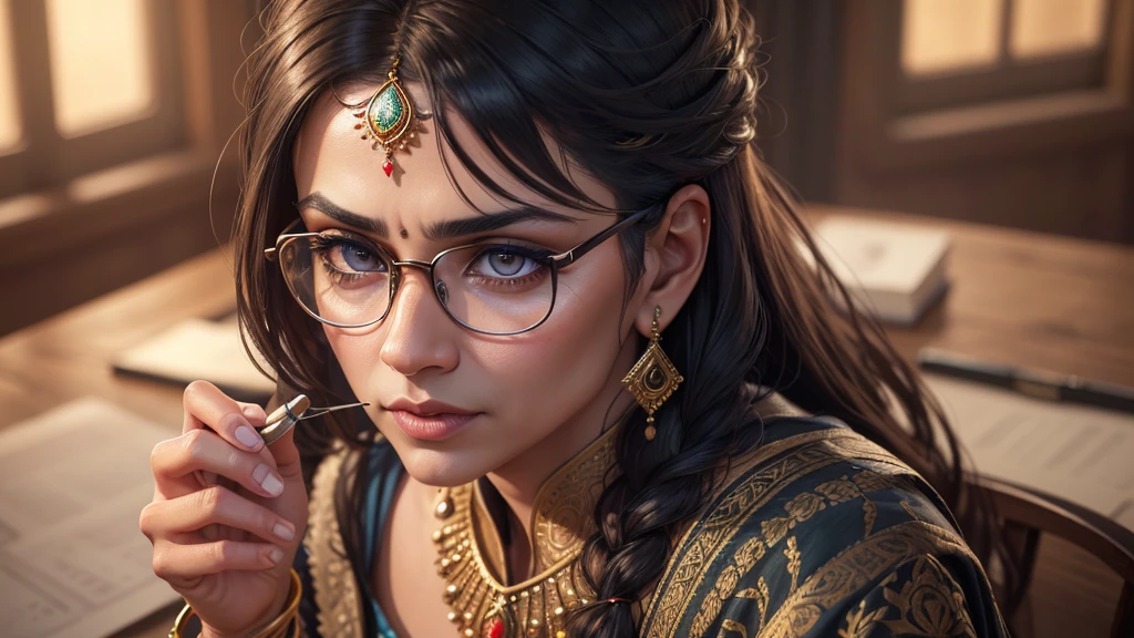beautiful detailed eyes, beautiful detailed lips, extremely detailed eyes and face, longeyelashes, middle-aged Indian man, glasses, stock market chart, candlestick graph, magnifying glass, (best quality,4k,8k,highres,masterpiece:1.2),ultra-detailed,(realistic,photorealistic,photo-realistic:1.37),HDR,UHD,studio lighting,ultra-fine painting,sharp focus,physically-based rendering,extreme detail description,professional,vivid colors,bokeh,portrait,realism