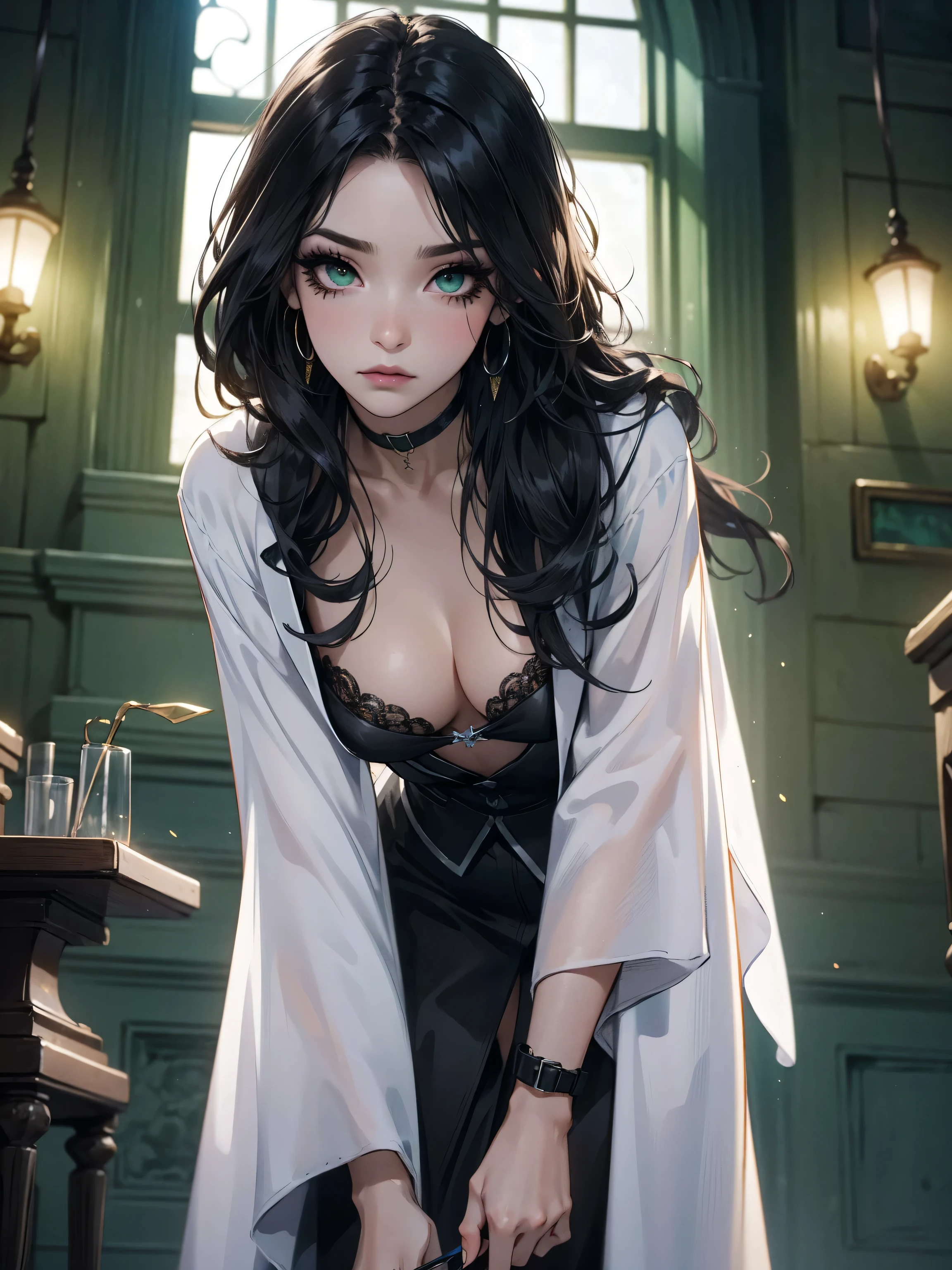 emo_hairstyle, (piercings), (black necktie), ((long hair)), ((straight hair)), (((black hair))), side swept bangs, white skin, pale, white, (green eye), tired expression, choker, ((dark makeup, mascara, eyeshadow)), multiple piercings, best quality, 8k, dark laboratory, dim lighting, white shirt, erotic, slytherin, black and white robes, (small breasts, cleavage, strap gap, leaning forward, hanging breasts), hogwarts robes. (((small breasts)))