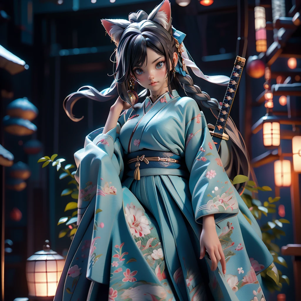 Samurai girl drawn in realistic 3DCG style。With blue eyes and moist skin、She has cat ears and long silver hair tied in a ponytail.。Her appearance is、It is depicted with a realistic body like an adult woman.、Perfect limbs stand out。Japan holding a sword、Wearing traditional Japanese armor、Designed to expose the chest。The whole body is drawn、Posing with right knee raised。「masterpiece+Highest quality+High resolution+Very detailed」In expression、Attention to detail is evident。