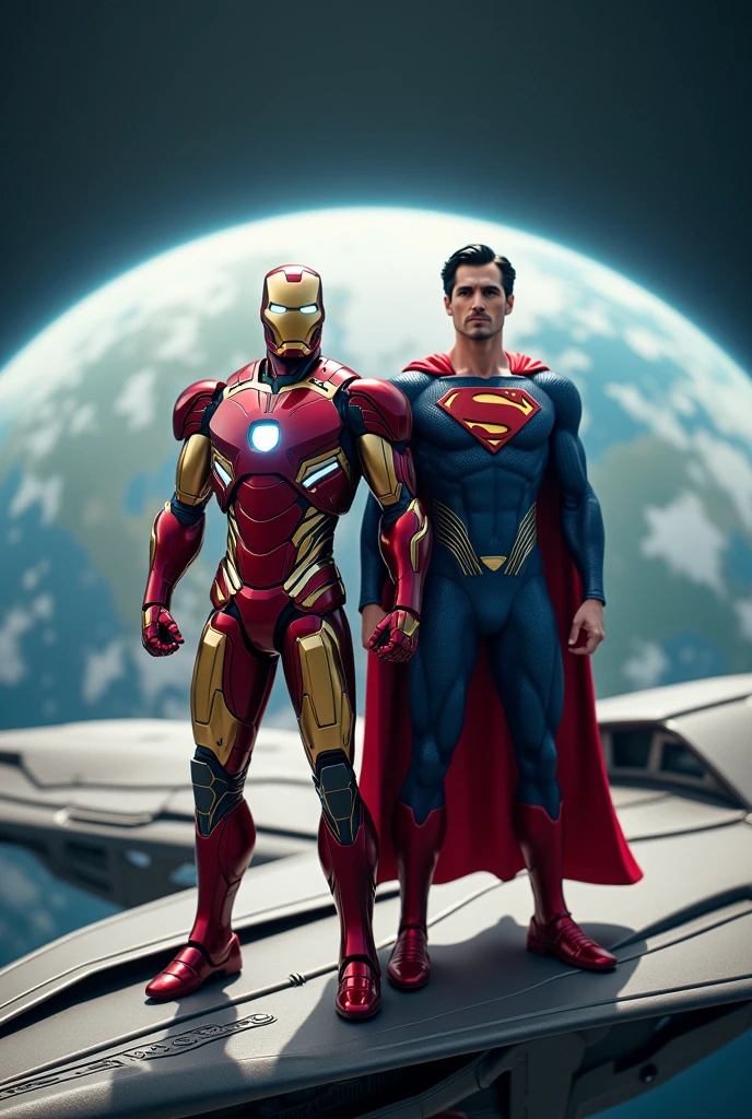 Ironman and Superman stand in top of spaceship background earth