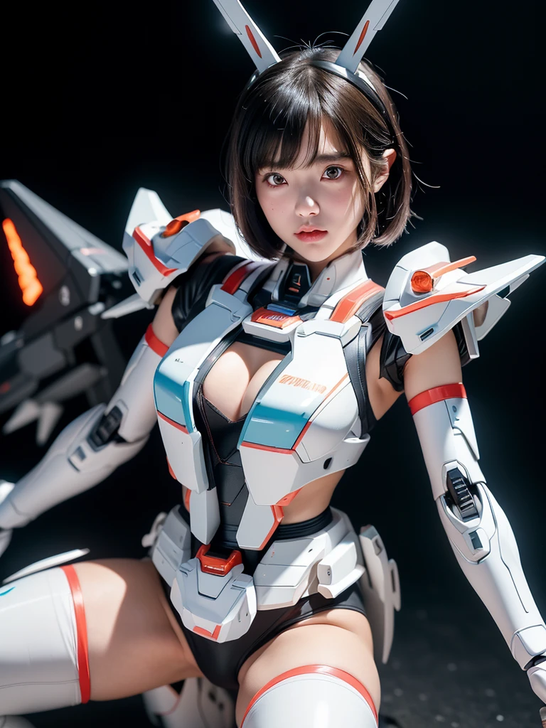 (highest quality)), ((masterpiece)), (very detailed: 1.3), 3d, {(japanese young girl)}, ((wears a futuristic Gundam mecha)),(Gundam), with headgear, with v-fin , ((unarmored cleavage)), ((unarmored stomach)), ((unarmored upper arms)), ((unarmored face)), (unarmored hands), (unarmored waist), ((unarmored thighs)), (unarmored ankles), japanese girl wear light blue and white striped pantie under armor, multilayer textureperfect proportions, octane rendering, duotone lighting, Low ISO, wide aperture, White balance, Rule of thirds, ultra HD16k, HDR (High Dynamic Range), Ray Tracing, nvidia RTX, Super Resolution, Subsurface Scattering, PBR Texturing, Post Processing, Anisotropic Filtering, Depth of Field, Maximum Clarity and Clarity, High efficiency subpixel, subpixel convolution, particles of light, light scattered, Tyndall effect, full body:1.5, battle pose, cute, (cute:1.2), (bob cut:1.3),Braid, Black Hair, Thick eyebrows, Light-colored irises, Big, bright black eyes, Long eyelashes, Small, light-colored, natural lips, (Average face of Japanese idols), (The uniquely Japanese childlike face:1.3), (baby face), Wide forehead:1.2, Plump Cheeks, Small jaw, open legs, spread feet, visible side boob, (Mecha Wing), (have gundam style weapon:1.2), Has a large shield, asymmetric body,destroyed city background,looking at viewer,Focus on the eyes,with sleek and menacing design,