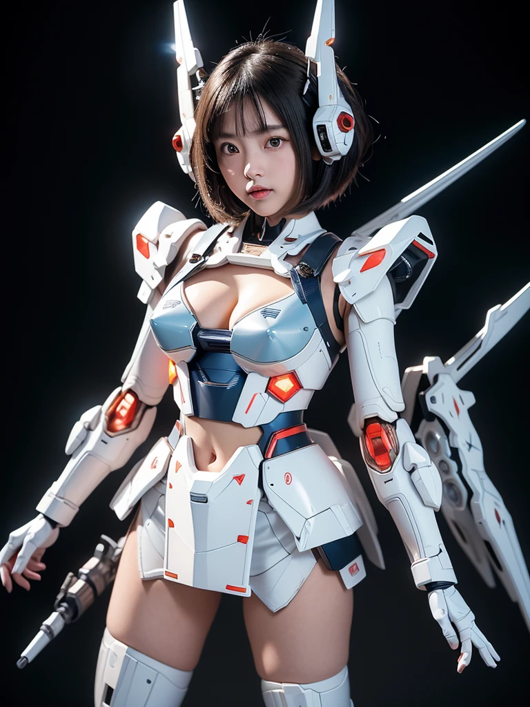 (highest quality)), ((masterpiece)), (very detailed: 1.3), 3d, {(japanese young girl)}, ((wears a futuristic Gundam mecha)),(Gundam), with headgear, with v-fin , ((unarmored cleavage)), ((unarmored stomach)), ((unarmored upper arms)), ((unarmored face)), (unarmored hands), (unarmored waist), ((unarmored thighs)), (unarmored ankles), japanese girl wear light blue and white striped pantie under armor, multilayer textureperfect proportions, octane rendering, duotone lighting, Low ISO, wide aperture, White balance, Rule of thirds, ultra HD16k, HDR (High Dynamic Range), Ray Tracing, nvidia RTX, Super Resolution, Subsurface Scattering, PBR Texturing, Post Processing, Anisotropic Filtering, Depth of Field, Maximum Clarity and Clarity, High efficiency subpixel, subpixel convolution, particles of light, light scattered, Tyndall effect, full body:1.5, battle pose, cute, (cute:1.2), (bob cut:1.3),Braid, Black Hair, Thick eyebrows, Light-colored irises, Big, bright black eyes, Long eyelashes, Small, light-colored, natural lips, (Average face of Japanese idols), (The uniquely Japanese like face:1.3), (baby de forehead:1.2, Plump Cheeks, Small jaw, open legs, spread feet, visible side boob, (Mecha Wing), (have gundam style weapon:1.2), Has a large shield, asymmetric body,destroyed city background,looking at viewer,Focus on the eyes,with sleek and menacing design,
