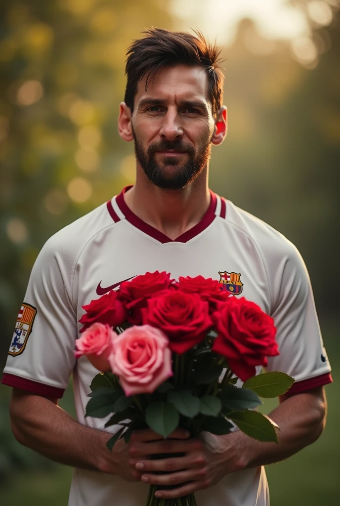 Messi with some rose flowers in his hand.