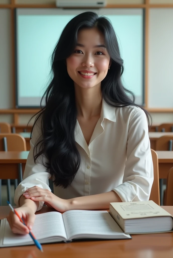 Beautiful Asian teacher with black hair she sits in the classroom near the interactive board