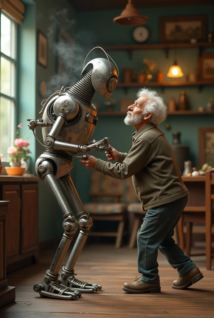 A running coffee brewer pushing an old man