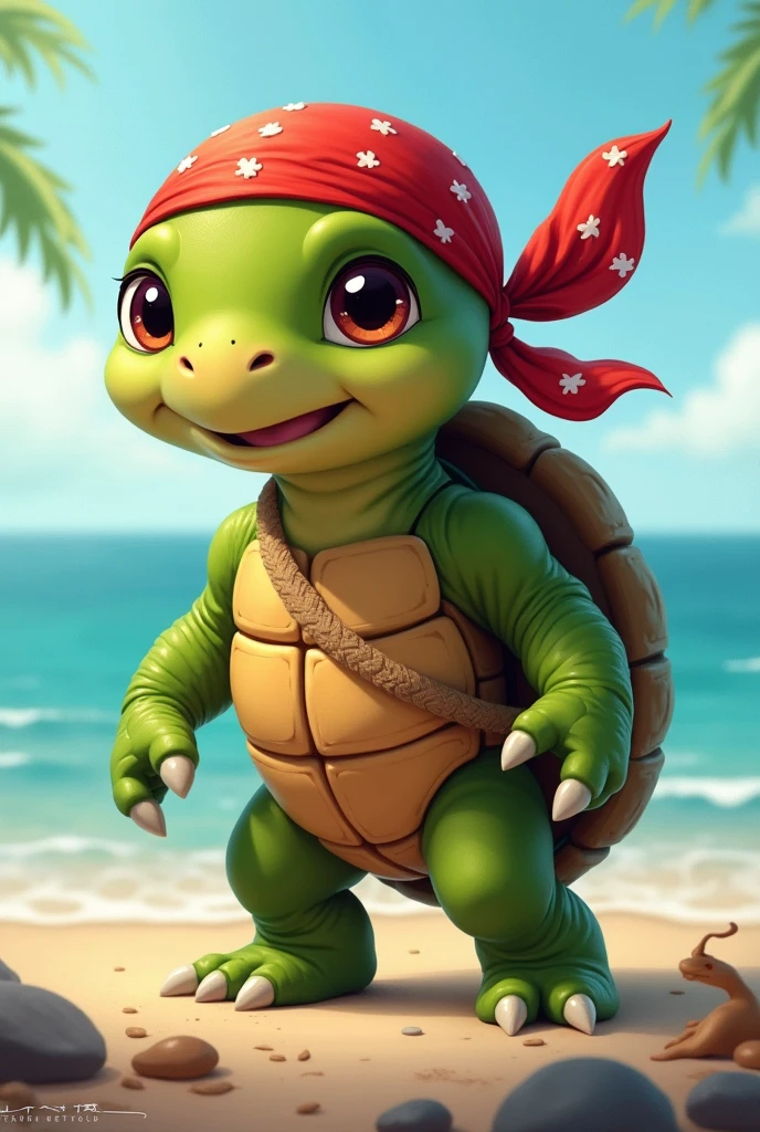 Tortu mignonne et pirate,debout avec un bandeau rouge sur la tête 